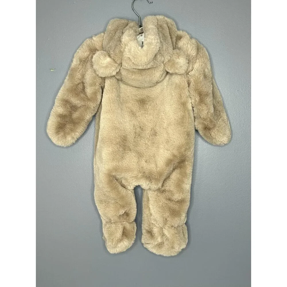 First Wish‎ Snowsuit Baby 3-6 Months Tan Faux Fur Hood Ears Footed Lined SO SOFT